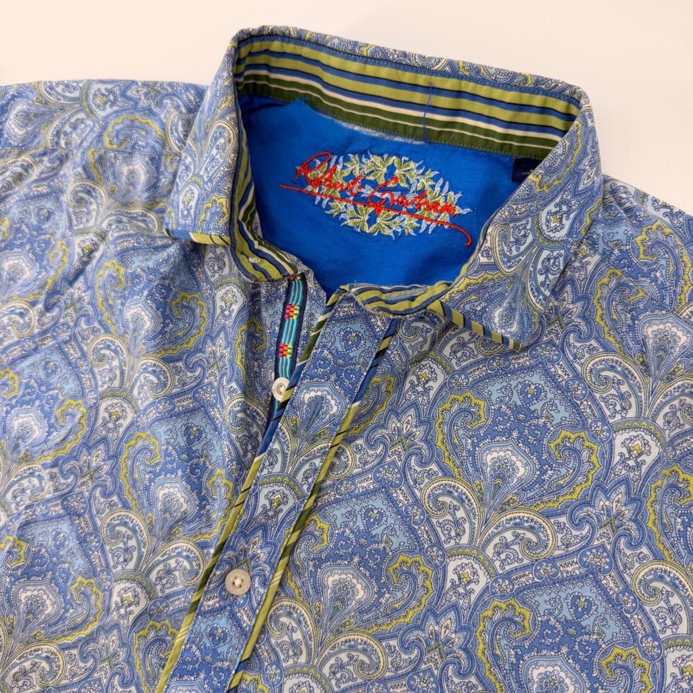 Robert Graham Button Down Mens L Blue Paisley Short Sleeve Contrast Trim Shirt
